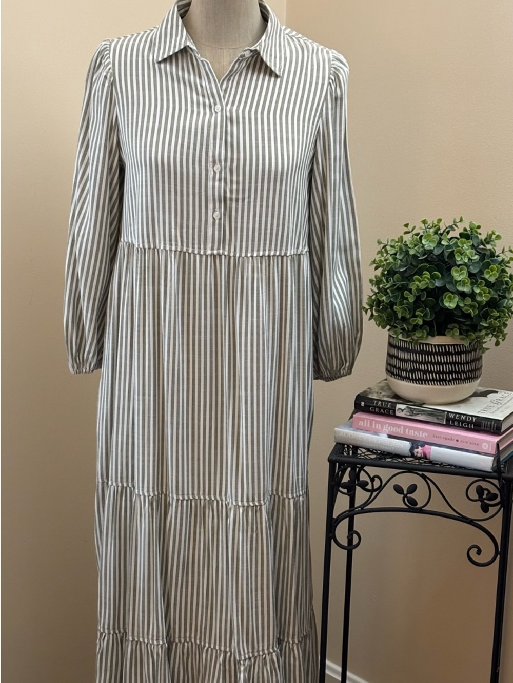 Max Studio Beige and White Striped Tiered Maxi Dress